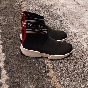 DKNY Black and White Ankle Boots with Red Accents